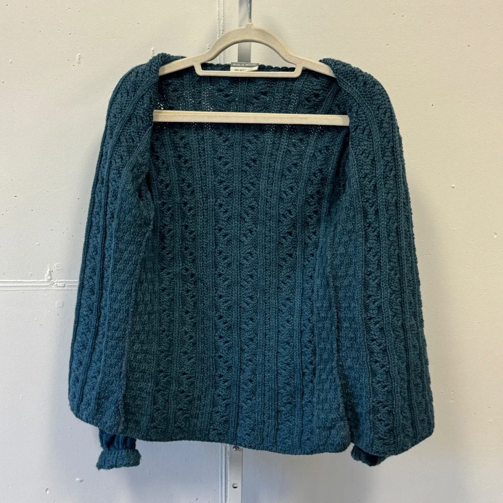 Carraig Donn Irish Merino Wool Cable Knit Cardigan Teal Blue XS Made in Ireland